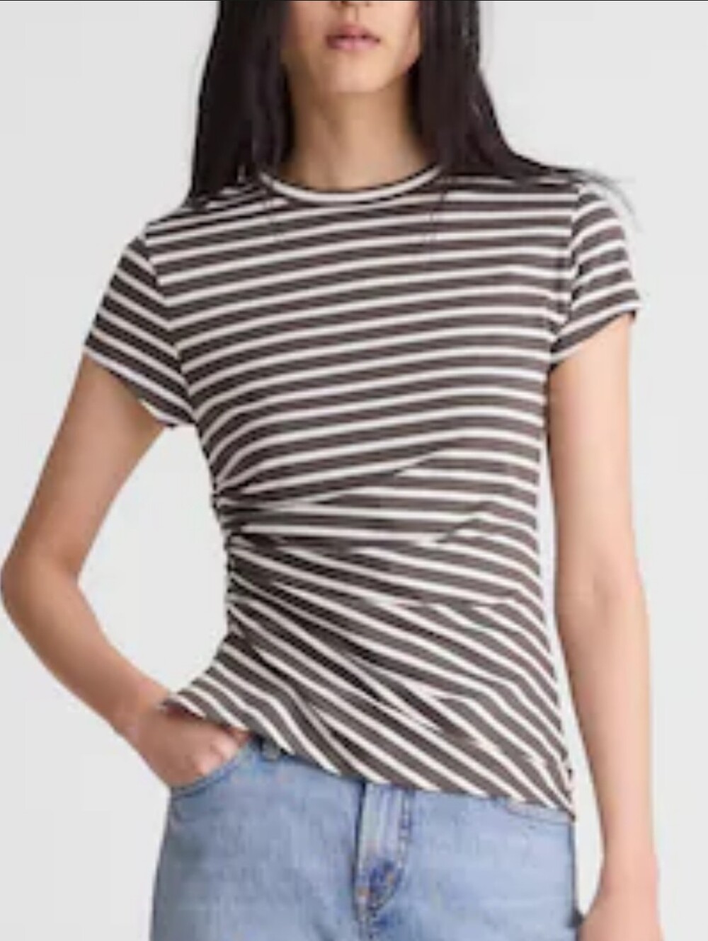 Madewell Asymmetric Ruched Striped Short Sleeve Tee, Size Medium, NWT